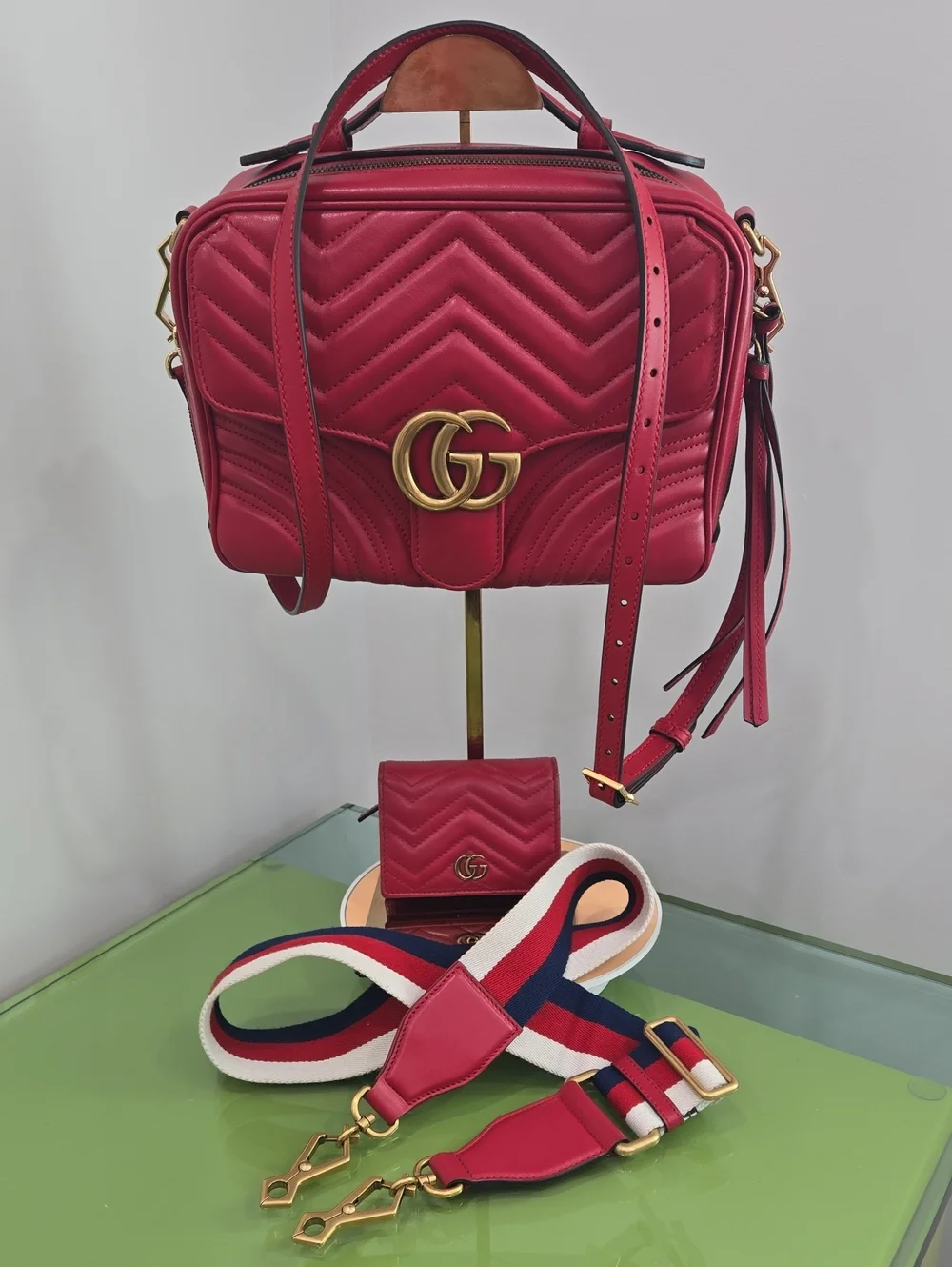 Gucci Red Quilted GG Marmont Crossbody Bag,  Leather And Guitar Straps